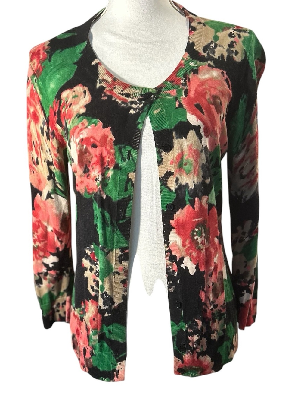 Talbots Black Red Green Floral Button Down Cardigan